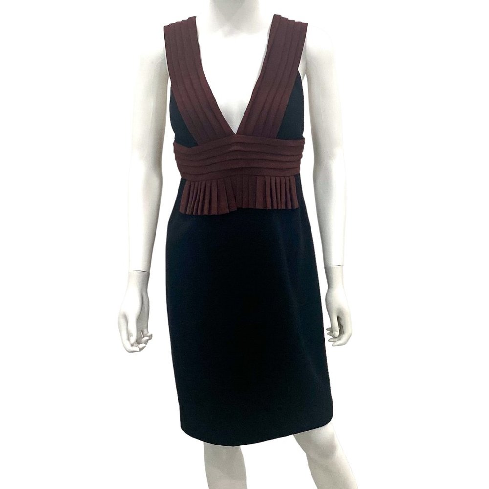 Black Halo Pleated Deep V-Neck Ponte Knit Sleeveless Sheath Dress Black Brown